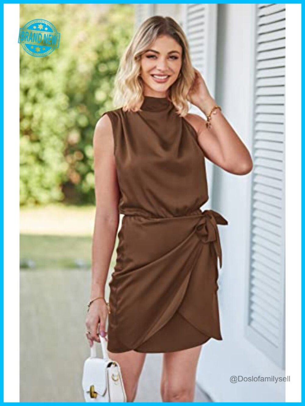 Satin Mock Neck Tie Waist Mini Dress Sleeveless Bodycon Cocktail Party - Picture 5 of 6